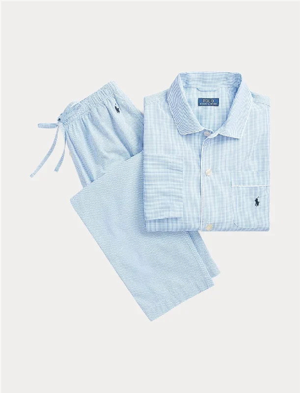 GINGHAM POPLIN LONG SLEEP SET PYSJAMAS Blå