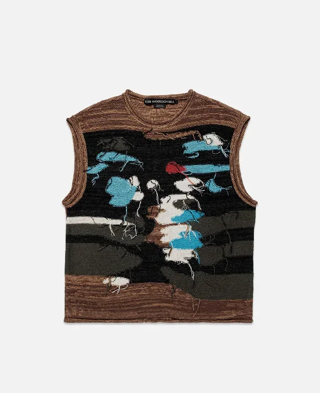 Blotch Intarsia Crew-Neck Vest (Brown)