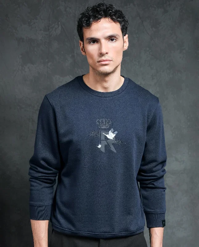 Rare Rabbit Mens August Navy Sweatshirt Cotton Polyester Terry Fabric Round Neck Knitted Full Sleeves Comfortable Fit