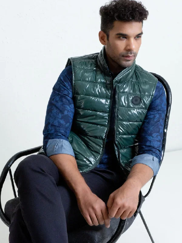 Dark Green Shiny Puffer Sleeveless Vest