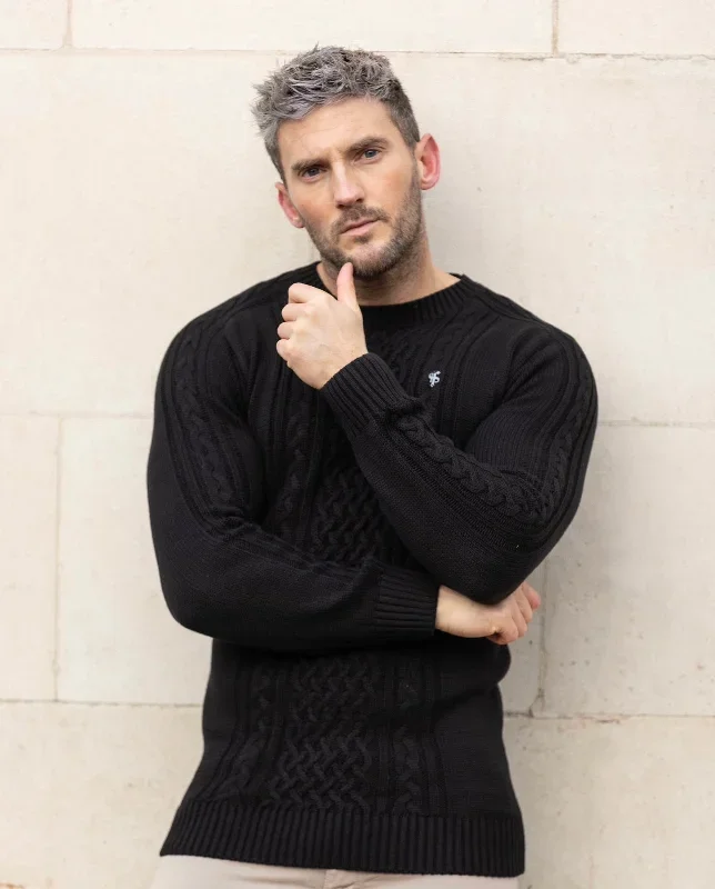 father-sons-black-knitted-cable-saddle-crew-super-slim-raglan-jumper-with-metal-decal-fsn073-pre-order-14th-november