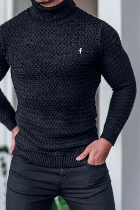 father-sons-black-knitted-roll-neck-weave-super-slim-jumper-with-metal-decal-fsj024