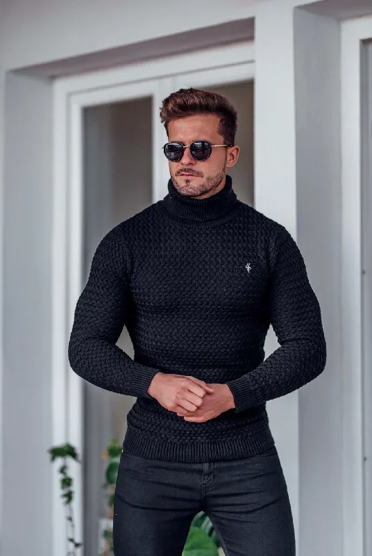 father-sons-black-knitted-roll-neck-weave-super-slim-jumper-with-metal-decal-fsj024