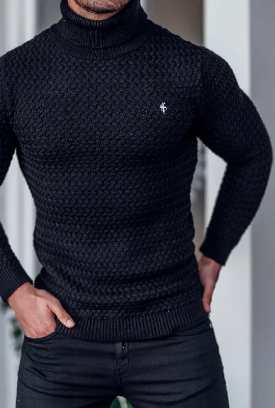 father-sons-black-knitted-roll-neck-weave-super-slim-jumper-with-metal-decal-fsj024