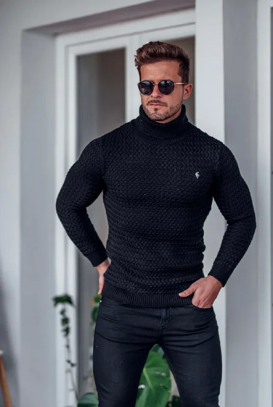 father-sons-black-knitted-roll-neck-weave-super-slim-jumper-with-metal-decal-fsj024