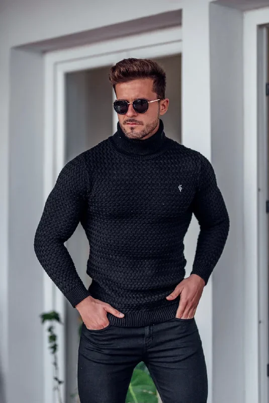 father-sons-black-knitted-roll-neck-weave-super-slim-jumper-with-metal-decal-fsj024