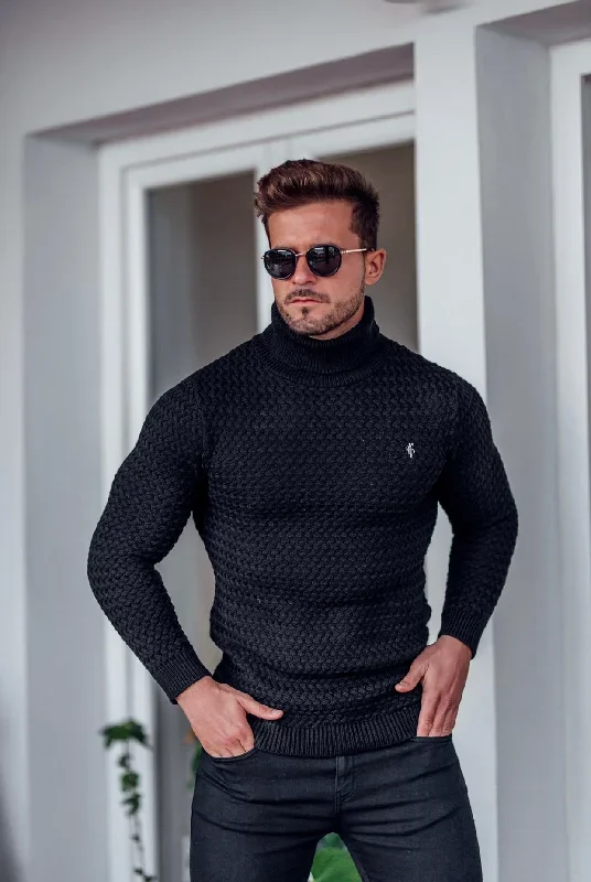 father-sons-black-knitted-roll-neck-weave-super-slim-jumper-with-metal-decal-fsj024