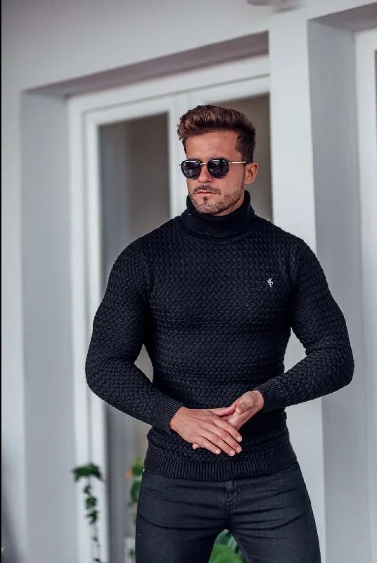 father-sons-black-knitted-roll-neck-weave-super-slim-jumper-with-metal-decal-fsj024