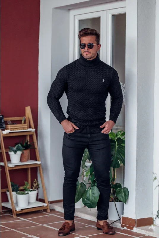 father-sons-black-knitted-roll-neck-weave-super-slim-jumper-with-metal-decal-fsj024