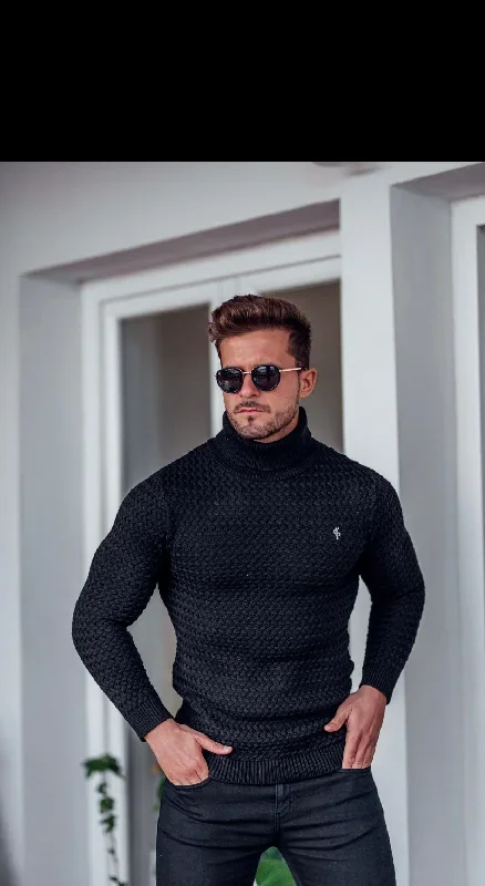 father-sons-black-knitted-roll-neck-weave-super-slim-jumper-with-metal-decal-fsj024