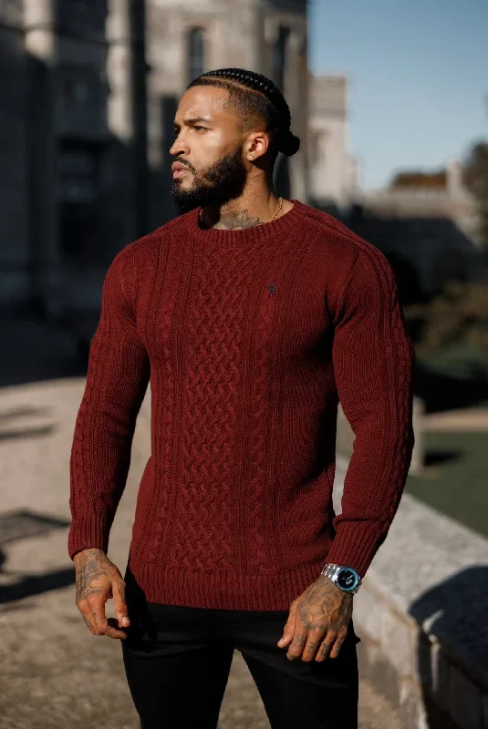 Father Sons Burgundy Knitted Cable Saddle Crew Super Slim Sweater With Metal Decal - FSN079