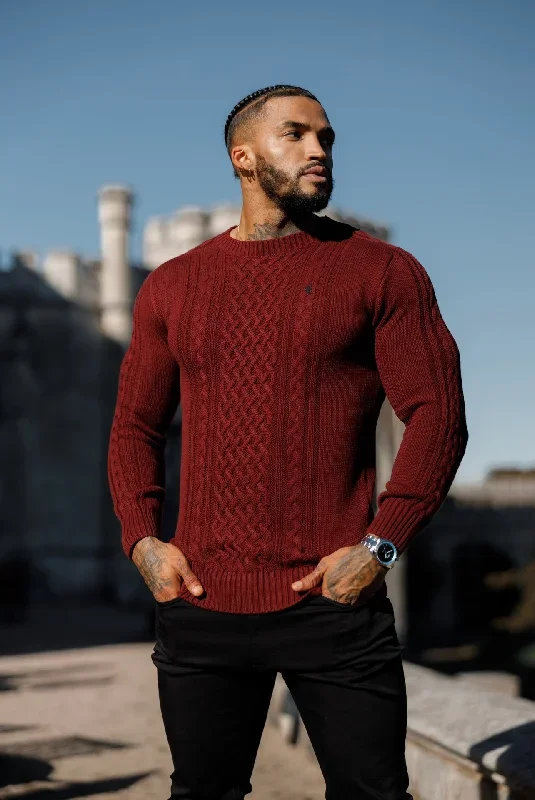 father-sons-burgundy-knitted-cable-saddle-crew-super-slim-jumper-with-metal-decal-fsn079-pre-order-14th-november