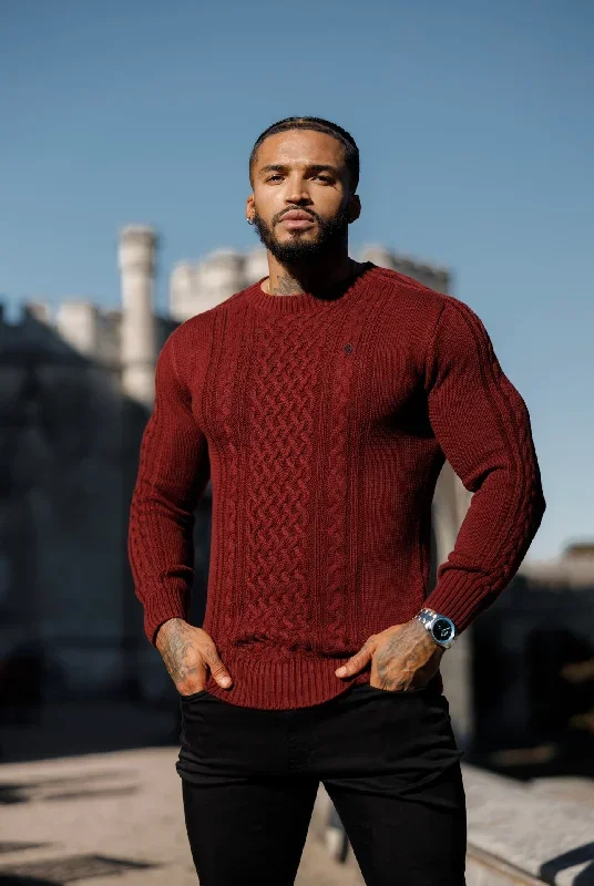 father-sons-burgundy-knitted-cable-saddle-crew-super-slim-jumper-with-metal-decal-fsn079-pre-order-14th-november