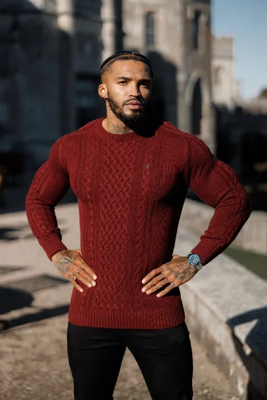 father-sons-burgundy-knitted-cable-saddle-crew-super-slim-jumper-with-metal-decal-fsn079-pre-order-14th-november