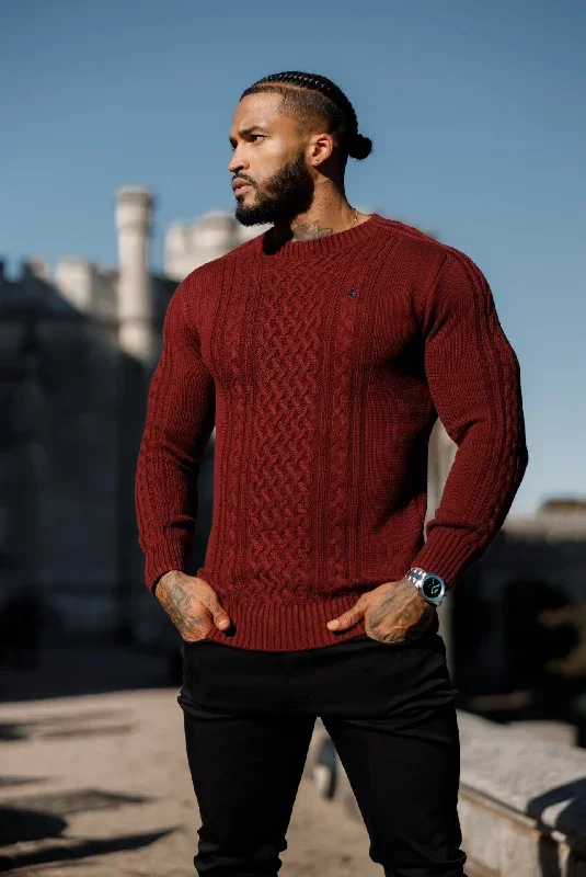 father-sons-burgundy-knitted-cable-saddle-crew-super-slim-jumper-with-metal-decal-fsn079-pre-order-14th-november