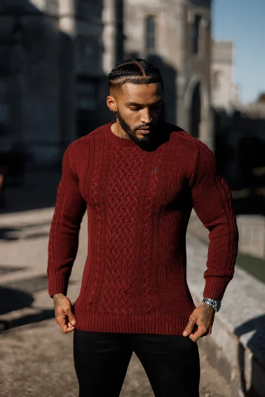 father-sons-burgundy-knitted-cable-saddle-crew-super-slim-jumper-with-metal-decal-fsn079-pre-order-14th-november