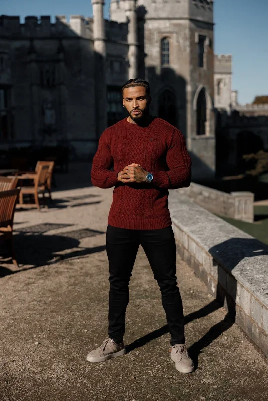 father-sons-burgundy-knitted-cable-saddle-crew-super-slim-jumper-with-metal-decal-fsn079-pre-order-14th-november