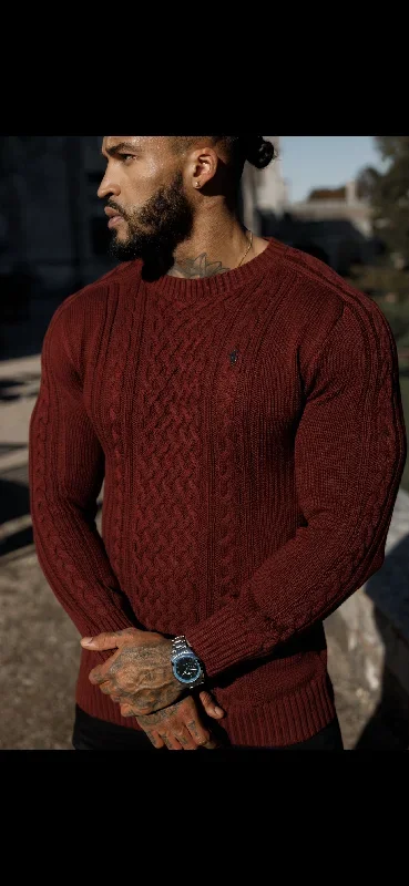 father-sons-burgundy-knitted-cable-saddle-crew-super-slim-jumper-with-metal-decal-fsn079-pre-order-14th-november