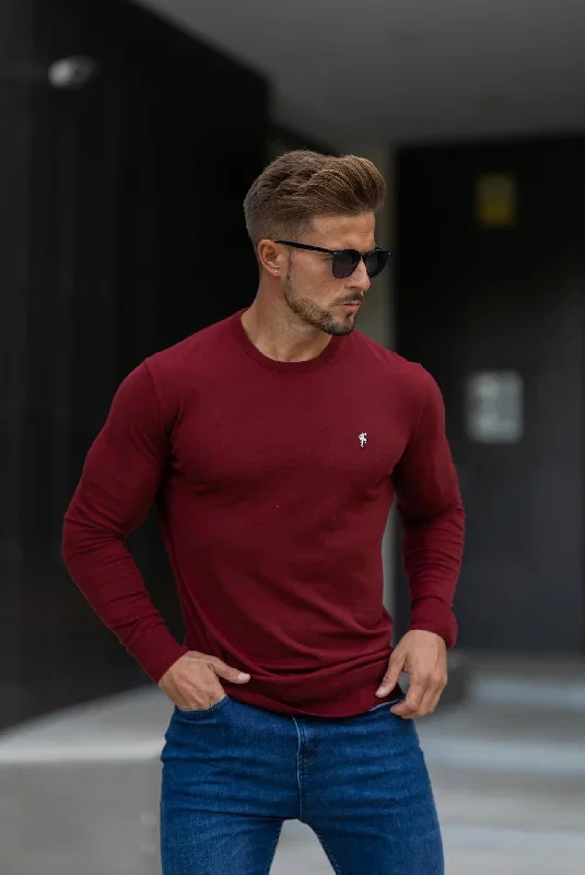 Father Sons Classic Burgundy Light Weight Knitted Crew Neck Sweater with Metal Decal - FSN097