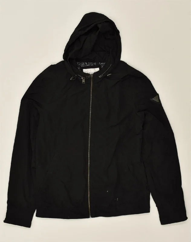 GUESS Mens Hooded Rain Jacket UK 38 Medium Black Polyester