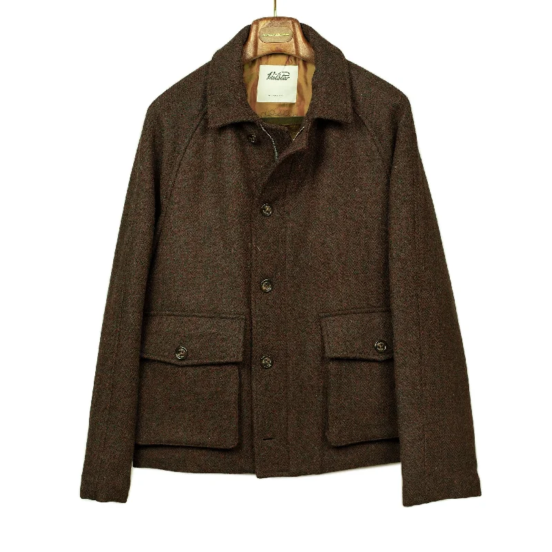 Padded blouson in rusty brown Harris Tweed wool herringbone