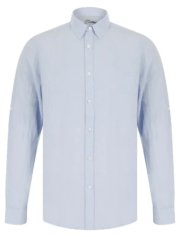 Helios Classic Collar Long Sleeve Cotton Linen Shirt in Soft Blue - Tokyo Laundry