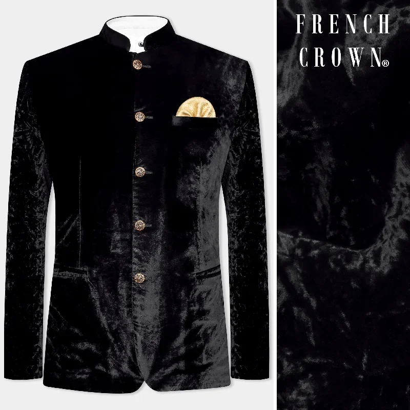 Jade Black Crushed Velvet Bandhgala Blazer