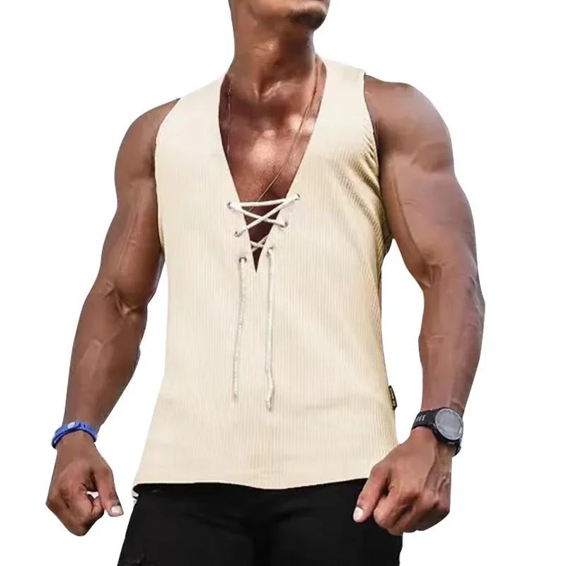 Men's Casual Lace-Up Solid Color Tank Top 99824449Y