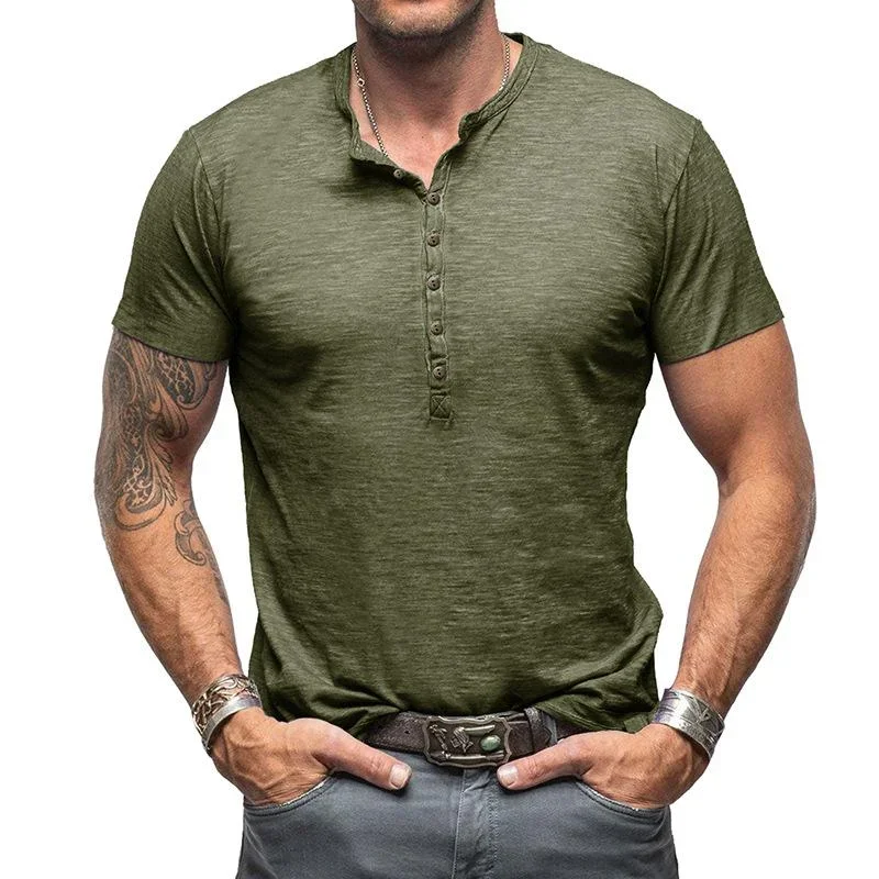 Men's Casual Solid Color Henley Collar Short Sleeve T-Shirt 45227245M