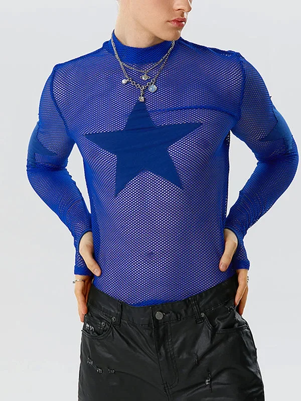 Mens Star Patchwork Mesh See Through T-Shirt SKUK11857