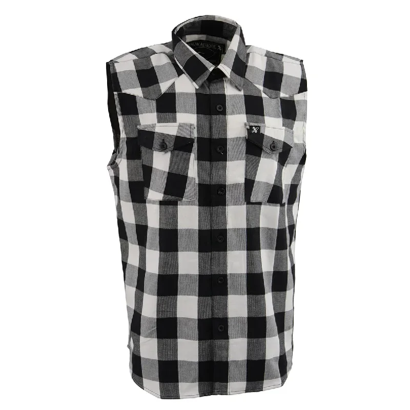 Milwaukee Leather MPM1647 Mens Classic Black and White Button-Down Flannel Cut Off Sleeveless Casual Shirt