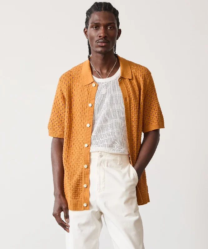 Open-Stitch Full-Placket Polo in Apricot Rush