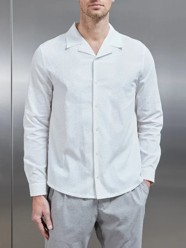 Seersucker Revere Collar Long Sleeve Shirt in White