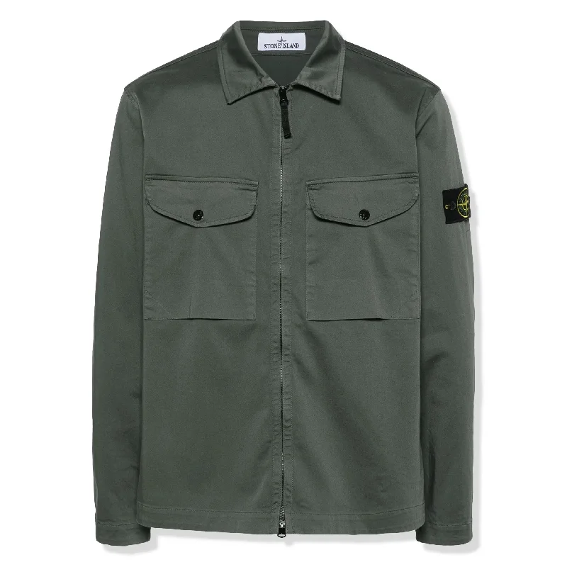 Stone Island Stretch Cotton Satin Dark Green Overshirt