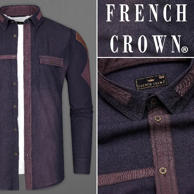 Thunder Purple Chambray Denim Designer Shirt with Brown Patchwork