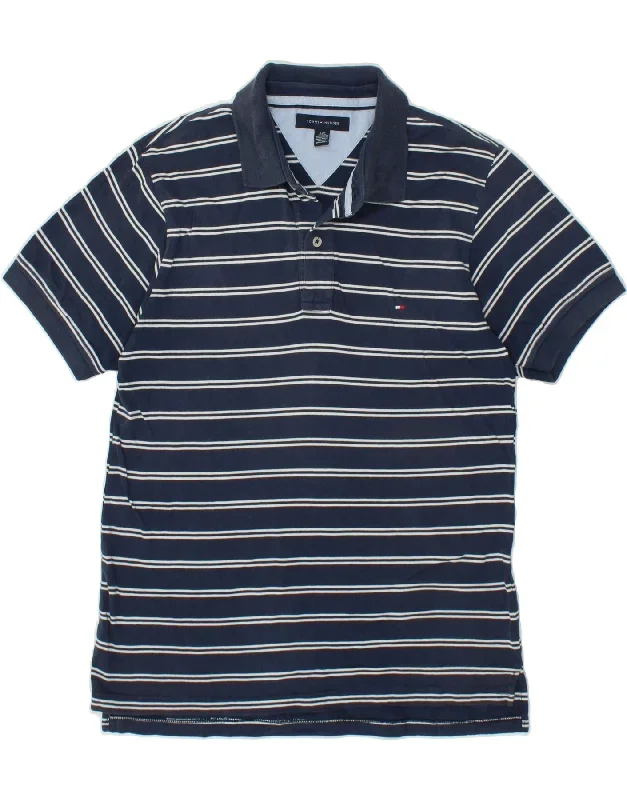 TOMMY HILFIGER Mens Polo Shirt Large Navy Blue Striped Cotton