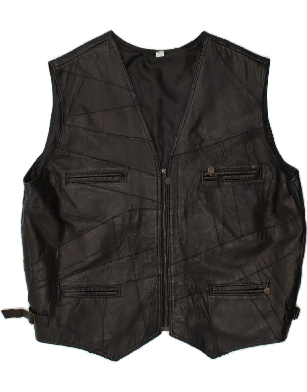 VINTAGE Mens Leather Waistcoat 4XL Black Leather