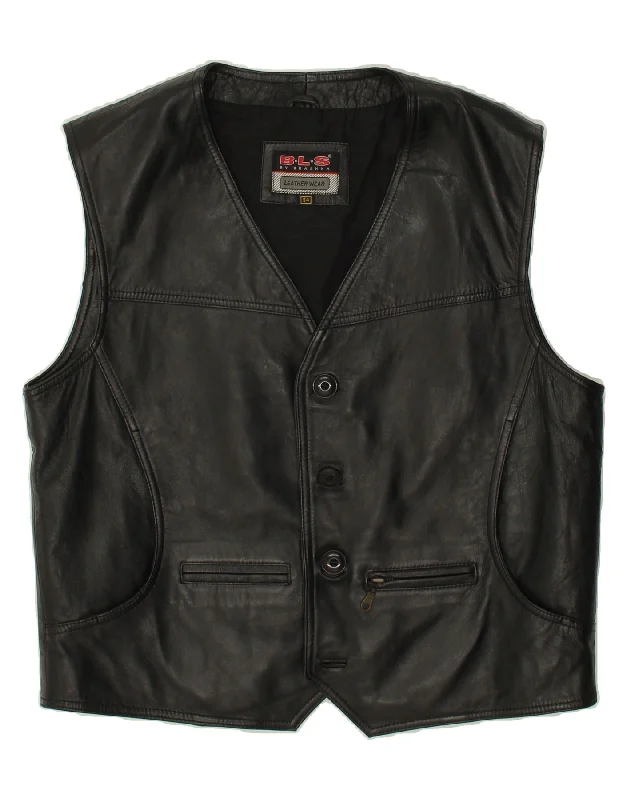 VINTAGE Mens Leather Waistcoat IT 54 XL Black Leather