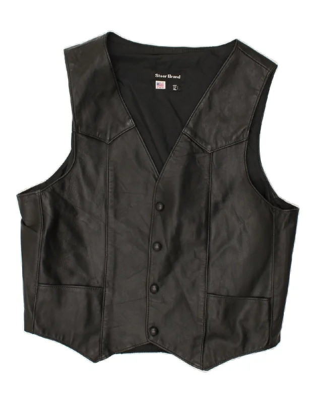 VINTAGE Mens Waistcoat UK 42 XL Black Leather