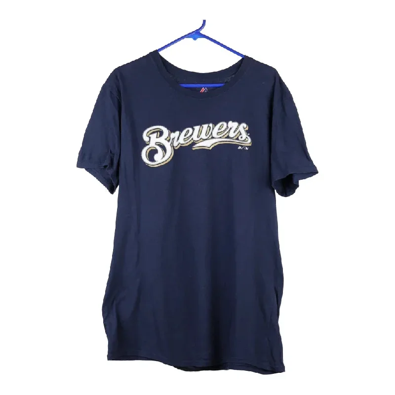 Milwaukee Brewers Majestic MLB T-Shirt - Large Blue Cotton