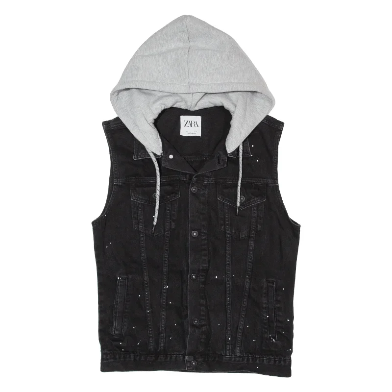 ZARA Mens Denim Waistcoat Black Hooded M