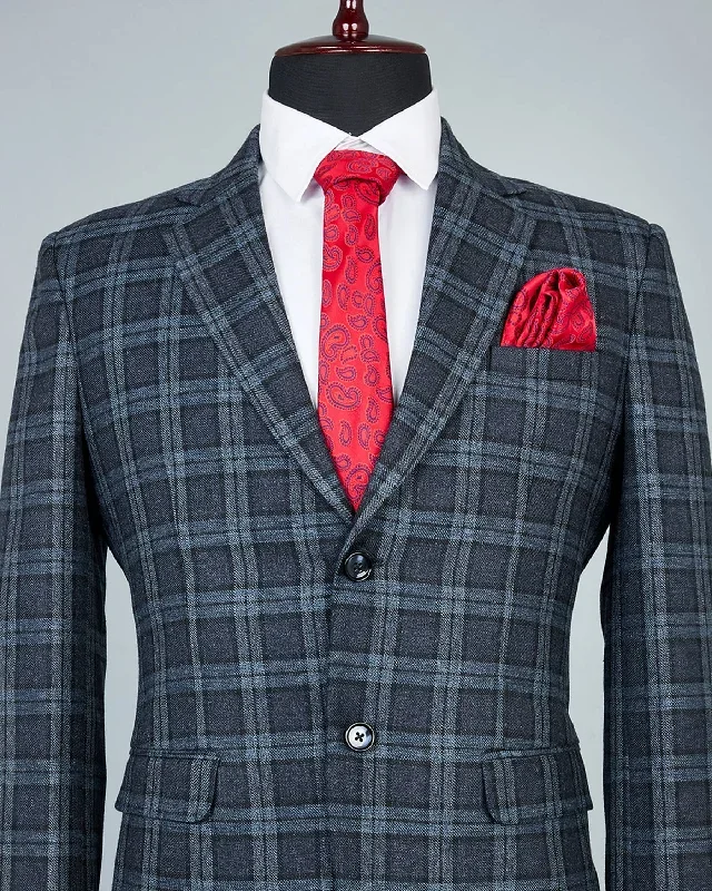 Zordic Blue Checkered Wool Rich Single Breasted Blazer